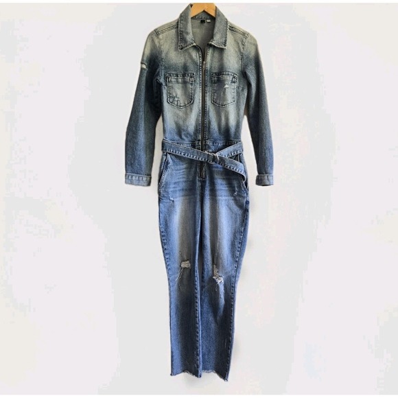 KUT Denim Long Sleeve Jumpsuit Medium Wash Size 6 Distressed Raw Hemp Grunge - Picture 4 of 16